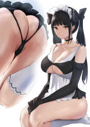 Rule 34 | 1girl, absurdres, apron, ass, ass focus, black hair, black panties, breasts, butt crack, choker, cleavage, closed mouth, clothing cutout, collarbone, elbow gloves, gloves, hair ribbon, hands on lap, highres, kneehighs, large breasts, looking at viewer, maid apron, maid headdress, multiple views, original, panties, ribbon, rororo, seiza, sitting, smile, socks, thighs, twintails, underwear, white socks, yellow eyes