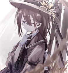 Rule 34 | 1girl, armband, blurry, braid, braided ponytail, brown hair, brown neckerchief, closed mouth, depth of field, dot nose, finger to mouth, flower, gloves, grey eyes, hair ribbon, hat, hat flower, hat ribbon, highres, long hair, looking at viewer, miyu (miy u1308), neckerchief, one eye closed, original, ribbon, sailor collar, single braid, solo, upper body, white gloves, white ribbon, ||/