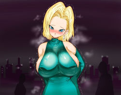 Rule 34 | 1girl, android 18, areola slip, arm at side, bare shoulders, basara, black background, blonde hair, blue eyes, blush, bob cut, breasts, breath, closed mouth, covered erect nipples, dragon ball, dragonball z, dress, earrings, elbow gloves, embarrassed, female focus, gloves, green dress, hand on own hip, head tilt, heavy breathing, highres, huge breasts, jewelry, looking at viewer, nose blush, shiny clothes, short hair, side slit, simple background, standing, steaming body, sweat, trembling, turtleneck, turtleneck dress, upper body