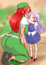 Rule 34 | 2girls, age difference, aged down, alternate hair length, alternate hairstyle, ass, blush, braid, breasts, child, closed eyes, danna (karatekikku), dress, full body, hair ribbon, hands on another&#039;s cheeks, hands on another&#039;s face, hat, height difference, hong meiling, imminent kiss, izayoi sakuya, kneeling, large breasts, long hair, maid headdress, multiple girls, onee-loli, puffy sleeves, purple hair, red eyes, red hair, ribbon, sweatdrop, touhou, twin braids, yuri