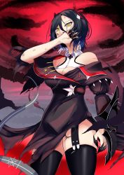 Rule 34 | 1girl, asymmetrical clothes, asymmetrical coat, asymmetrical sleeves, azur lane, black hair, black thighhighs, blood, blood on face, breasts, brown coat, claw ring, cleavage, coat, commentary, from below, hair between eyes, highres, looking at viewer, looking down, medium breasts, multicolored coat, multicolored hair, red coat, red sky, sakamoto (slopepepepe), single bare shoulder, sky, slit pupils, solo, standing, streaked hair, thighhighs, torn clothes, torn coat, two-tone coat, two-tone hair, ulrich von hutten (azur lane), white hair, wiping face, yellow eyes