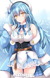 Rule 34 | 1girl, ahoge, bare shoulders, beret, blue hair, blue jacket, blue skirt, blush, breasts, brown eyes, center frills, cleavage, cleavage cutout, closed mouth, clothing cutout, flower, frilled skirt, frilled thighhighs, frills, fur-trimmed jacket, fur-trimmed sleeves, fur trim, hair between eyes, hair flower, hair ornament, half updo, hand up, hat, highres, hololive, jacket, kirishima riona, long hair, long sleeves, looking at viewer, medium breasts, off shoulder, plaid, plaid jacket, pleated skirt, pointy ears, shirt, skirt, sleeveless, sleeveless shirt, sleeves past wrists, smile, snowflake background, solo, thighhighs, very long hair, virtual youtuber, white flower, white hat, white shirt, white thighhighs, yukihana lamy