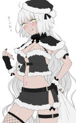 Rule 34 | absurdres, ahoge, asymmetrical legwear, bare arms, belt, black belt, black gloves, black hat, black nails, black ribbon, black santa costume, black skirt, black thighhighs, blush, breasts, capelet, chain, choker, christmas, cleavage, commentary request, fate/grand order, fate (series), fishnet thighhighs, fishnets, fur-trimmed capelet, fur-trimmed gloves, fur trim, gloves, hair between eyes, hand on own hip, hat, highres, jeanne d&#039;arc (fate), jeanne d&#039;arc alter (avenger) (fate), jeanne d&#039;arc alter (fate), large breasts, long hair, looking at viewer, miniskirt, nail polish, nipi27, nose, ribbon, santa costume, santa hat, sidelocks, simple background, skirt, solo, tan, thigh strap, thighhighs, translation request, uneven legwear, very long hair, white background, white hair, yellow eyes