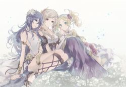 Rule 34 | 3girls, alternate costume, armlet, aunt and niece, blonde hair, blue hair, fire emblem, fire emblem awakening, fire emblem heroes, flower, hair flower, hair ornament, highres, lissa (fire emblem), looking at viewer, lucina (fire emblem), multiple girls, nintendo, official alternate costume, robin (female) (fire emblem), robin (fire emblem), sandals, silver hair, sitting, smile, sokoo, thighlet, twintails