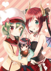 Rule 34 | 3girls, bandages, bandage on face, bare shoulders, black hair, black legwear, breasts, brown eyes, candy, chocolate, chocolate heart, cleavage, eating, food, food on face, green eyes, green hair, hair ribbon, hat, heart, heterochromia, horns, hug, interlocked fingers, long hair, long sleeves, looking at viewer, messy, midorikawa you, multiple girls, one eye covered, original, red eyes, red hair, ribbon, short hair, skirt, sleeves past wrists, small breasts, smile, thighhighs, twintails, yellow eyes, aged down