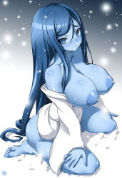 Rule 34 | 1girl, bare shoulders, barefoot, blue eyes, blue hair, blue skin, breasts, colored skin, artistic error, huge breasts, japanese clothes, kimono, large areolae, long hair, looking at viewer, matching hair/eyes, nipples, onomeshin, original, parted lips, sitting, snow, snowing, solo, very long hair, wariza, wrong foot, yuki onna