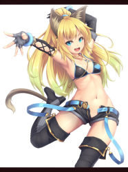 Rule 34 | 1girl, animal ears, armpits, arms up, bikini, bikini top only, black bikini, blonde hair, blue eyes, boots, breasts, cat ears, cat tail, cleavage, elbow gloves, female focus, gloves, leg up, letterboxed, long hair, midriff, navel, no panties, open fly, open mouth, original, sasaame, shorts, solo, swimsuit, tail, thigh boots, thighhighs, unbuttoned, unzipped, white background