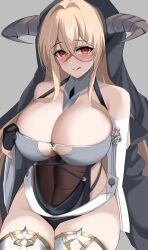 Rule 34 | 1girl, azur lane, bare shoulders, black gloves, blonde hair, blush, breast cutout, breasts, covered navel, detached sleeves, gloves, habit, halterneck, highres, horns, implacable (azur lane), large breasts, long bangs, long hair, looking at viewer, nun, orange eyes, shigenohara kitoha, smile, solo, tongue, tongue out, very long hair