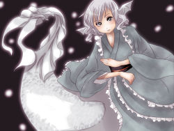 Rule 34 | 1girl, alternate color, black eyes, fins, fish tail, frills, head fins, ikkei dou, japanese clothes, kimono, solo, tail, touhou, wakasagihime, white hair, wide sleeves