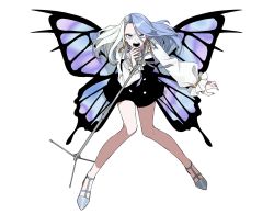 Rule 34 | 1girl, aneco (westsea1227), angry, bare legs, blue eyes, blue hair, blue nails, butterfly wings, commentary, commission, dangle earrings, earrings, english commentary, floating hair, full body, gold earrings, high heels, highres, holding, holding microphone, indie virtual youtuber, insect wings, jewelry, long hair, microphone, microphone stand, monarch (amalee), multicolored hair, music, nail polish, neck ribbon, ribbon, simple background, singing, solo, split-color hair, two-tone hair, v-shaped eyebrows, virtual youtuber, white background, white hair, wings
