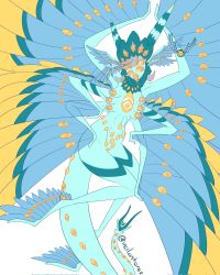 Rule 34 | angel, angel wings, biblically accurate angel, extra arms, extra eyes, feathered wings, flying, forked tail, grey hair, head wings, headpiece, highres, knees together feet apart, long legs, long tail, monster girl, multiple wings, no mouth, original, seraph, tail, veilantares, wings, yellow eyes