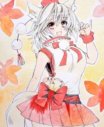 Rule 34 | 1girl, animal ear fluff, animal ears, bow, hat, inubashiri momiji, leaf, looking at viewer, maple leaf, marker (medium), matsuppoi, open mouth, pom pom (clothes), red bow, red eyes, red hat, red skirt, shikishi, shirt, short hair, skirt, sleeveless, solo, tail, tokin hat, touhou, traditional media, white hair, white shirt, wolf ears, wolf girl, wolf tail, yellow background