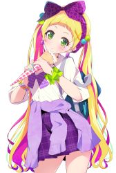 Rule 34 | 1girl, aikatsu! (series), aikatsu friends!, blonde hair, blunt bangs, blush, bow, bowtie, bracelet, breasts, cardigan, cardigan around waist, cleavage, clothes around waist, commentary request, cowboy shot, crepe, ear piercing, earrings, eating, facepaint, food, food on face, food wrapper, green eyes, gyaru, hair bobbles, hair bow, hair ornament, hairband, highres, hinata ema (aikatsu friends!), holding, holding food, ichijo rei, jewelry, kogal, lightning bolt earrings, lightning bolt symbol, long hair, looking at viewer, loose bowtie, multicolored hair, nail art, nail polish, piercing, pink hair, plaid, plaid skirt, purple skirt, school uniform, scrunchie, shirt, simple background, skirt, sleeves rolled up, solo, sparkle, sparkling eyes, star (symbol), streaked hair, twintails, two-tone hair, very long hair, white background, white shirt, wrist scrunchie, x hair ornament