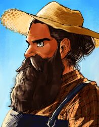 Rule 34 | 1boy, alternate costume, beard, beard over mouth, dungeon meshi, dwarf, facial hair, farmer, frown, hat, highres, janbanclear, long beard, looking ahead, male focus, mustache, overalls, senshi (dungeon meshi), solo, sun hat, thick eyebrows, thick mustache, very long beard, wrinkled skin
