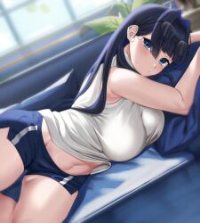 Rule 34 | 1girl, armpits, blue eyes, blue hair, blush, breasts, casual, couch, cushion, dolphin shorts, earrings, eyewear on head, hair intakes, highres, hololive, hololive english, jewelry, large breasts, long hair, looking at viewer, lying, midriff, moisture (chichi), navel, official alternate costume, ouro kronii, plant, potted plant, shirt, shorts, sleeveless, sleeveless shirt, solo, thick thighs, thighs, virtual youtuber, window