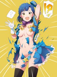 Rule 34 | 10s, 1girl, blue hair, blush, breasts, convenient censoring, exploding clothes, gloves, highres, idolmaster, idolmaster million live!, kabayaki unagi, looking at viewer, nanao yuriko, open mouth, p-head producer, producer (idolmaster), short hair, smile, solo, thighhighs, torn clothes, yellow eyes