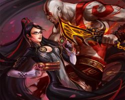 Rule 34 | 1boy, 1girl, amulet, bald, bayonetta, bayonetta (series), black hair, bodypaint, bodysuit, breasts, cleavage, cleavage cutout, clothing cutout, couple, crossover, dual wielding, earrings, elbow gloves, glasses, gloves, god of war, gun, handgun, holding, jewelry, kratos (god of war), long hair, one eye closed, pteruges, ribbon, smile, tattoo, very long hair, weapon, wink