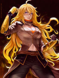 Rule 34 | 1girl, ahoge, artist name, belt, blonde hair, breasts, cleavage, clenched hand, fire, gauntlets, highres, jacket, large breasts, long hair, looking at viewer, navel, pants, parted lips, prosthesis, prosthetic arm, purple eyes, realistic, rwby, sciamano240, signature, solo, standing, yang xiao long, zipper