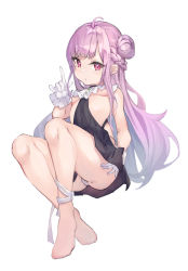 Rule 34 | 1girl, ahoge, ass, bare legs, bare shoulders, barefoot, black dress, blush, breasts, closed mouth, double bun, dress, gloves, hair bun, highres, knees up, long hair, looking at viewer, mishuo (misuo69421), original, panties, purple eyes, purple hair, revealing clothes, side bun, single side bun, skindentation, sleeveless, sleeveless dress, small breasts, solo, underwear, v, very long hair, white gloves