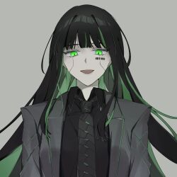 Rule 34 | 1girl, alfonso (project moon), aojiru oisiiiii, barcode, barcode tattoo, black coat, black hair, black necktie, black shirt, coat, collared shirt, colored inner hair, green eyes, green hair, highres, limbus company, long hair, long sleeves, looking at viewer, multicolored hair, necktie, open mouth, project moon, shirt, smile, solo, streaked hair, tattoo, upper body, very long hair