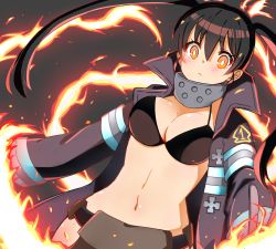 Rule 34 | 1girl, :&lt;, baggy pants, bikini, bikini top only, black background, black bikini, black coat, black hair, blush, breasts, cleavage, closed mouth, coat, collarbone, commentary, cowboy shot, dutch angle, en&#039;en no shouboutai, fiery ears, fiery tail, fire, gloves, grey pants, hair between eyes, highres, hip vent, long hair, looking at viewer, medium breasts, metal gloves, midriff, navel, open clothes, open coat, pants, sidelocks, simple background, solo, standing, swimsuit, tail, tamaki kotatsu, twintails, visor (armor), yellow eyes, yun (ctue5378)