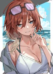Rule 34 | 1girl, absurdres, aketa mikoto, beach, blush, breasts, brown hair, cleavage, collarbone, eyewear on head, gradient hair, grey shirt, hair over shoulder, haruyuki (gffewuoutgblubh), highres, idolmaster, idolmaster shiny colors, large breasts, light smile, looking at viewer, multicolored hair, one-piece swimsuit, parasol, shirt, short ponytail, side ponytail, solo, swimsuit, tinted eyewear, umbrella, upper body, white one-piece swimsuit