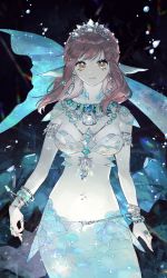 Rule 34 | 1girl, air bubble, animal ears, armor, arms at sides, bangle, between breasts, blue gemstone, bra, bracelet, braid, breasts, brown eyes, brown hair, bubble, closed mouth, cowboy shot, crystal, earrings, fins, gem, green gemstone, haiyahaiyohai, head fins, highres, hoop earrings, jewelry, long hair, looking at viewer, mermaid, monster girl, navel, necklace, opal (gemstone), original, pearl (gemstone), ring, sarong, scales, seashell, see-through, shell, shell necklace, shoulder armor, smile, solo, sparkle, submerged, tears, underwater, underwear