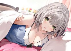 Rule 34 | 1girl, bed, bed sheet, blush, braid, breasts, cleavage, green eyes, hair between eyes, hololive, large breasts, looking at viewer, mole, mole on breast, niii (memstapak), open mouth, pillow, shirogane noel, short hair, silver hair, smile, solo, virtual youtuber