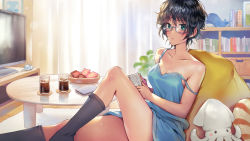 Rule 34 | 1girl, black socks, breasts, cleavage, commentary request, cup, drinking glass, highres, indoors, kneehighs, matsuda (matsukichi), messy hair, original, sitting, socks, solo, thighs