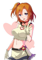 Rule 34 | 10s, 1girl, blue eyes, breasts, choker, cleavage cutout, clothing cutout, crop top, earrings, gloves, heart, heart background, heart cutout, heart earrings, highres, jewelry, kosaka honoka, large breasts, love live!, love live! school idol project, midriff, navel, open mouth, orange hair, saiste, short hair, side ponytail, solo, star (symbol)