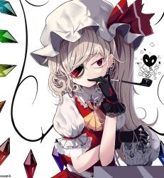 Rule 34 | 1girl, artist name, ascot, belt, black gloves, blonde hair, buttons, cigarette, collar, commentary request, crystal, dress, ear piercing, earrings, expressionless, eyelashes, eyepatch, flandre scarlet, frilled gloves, frilled shirt collar, frills, gloves, hand up, hat, hat ribbon, holding, holding skull, jewelry, kiseru, laevatein (touhou), long hair, looking to the side, mob cap, monocle, multicolored wings, one side up, piercing, puffy short sleeves, puffy sleeves, red dress, red eyes, red ribbon, red skirt, red vest, ribbon, ring, shirt, short hair with long locks, short sleeves, sidelocks, simple background, skirt, skull, smoke, smoking, smoking pipe, solo, sseopik, standing, touhou, vest, white background, white belt, white collar, white hat, white shirt, white sleeves, wings, yellow ascot, yellow eyes