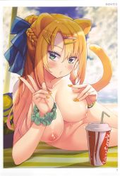 Rule 34 | 1girl, absurdres, akino sora, animal ears, arm support, artist name, beach, beach towel, blonde hair, blue ribbon, blurry, blurry background, blush, braid, breasts, cloud, cloudy sky, coke, collarbone, cup, deep skin, drink, drinking straw, fingernails, french braid, green eyes, green scrunchie, groin, hair between eyes, hair bun, hair ornament, hair ribbon, hairclip, hand on breast, hand on own chest, highres, large breasts, lips, long fingernails, long hair, looking at viewer, lying, nail polish, navel, nude, on side, original, page number, parted lips, ribbon, scan, scrunchie, shiny skin, sidelocks, single hair bun, sky, solo, stomach, striped ribbon, tail, tiger ears, tiger girl, tiger tail, toranoana, towel, w, water, wrist scrunchie, yellow nails
