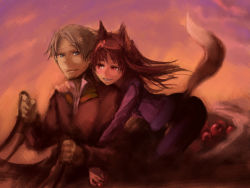 Rule 34 | 00s, 1boy, 1girl, animal ears, apple, blue eyes, blush, brown hair, craft lawrence, facial hair, food, fruit, goatee, grey hair, grin, hand on shoulder, holding, holo, jacket, leaning forward, leaning on person, long hair, long sleeves, looking at another, multiple riders, red eyes, reins, riding, short hair, smile, spice and wolf, tail, wolf ears, wolf tail, z-ton