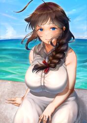 Rule 34 | 1girl, absurdres, aged up, ahoge, alternate costume, beach, black hair, blue eyes, blush, braid, breasts, closed mouth, dress, highres, jewelry, kantai collection, large breasts, looking at viewer, outdoors, ring, shigure (kancolle), sitting, sleeveless, sleeveless dress, smile, solo, tsui (kojiya), wedding ring, white dress, wide hips