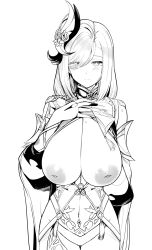 Rule 34 | 1girl, breast curtain, breasts, breasts out, bridal gauntlets, chinese clothes, clothing cutout, genshin impact, hair ornament, hair over one eye, highres, hip vent, large breasts, long hair, looking at viewer, monochrome, navel, sagging breasts, shenhe (genshin impact), solo, standing, upanishi mariko