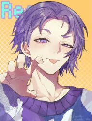 Rule 34 | 1boy, :p, blue lock, character name, commentary request, fingernails, highres, koumimi, long sleeves, mikage reo, polka dot, polka dot background, portrait, purple eyes, purple hair, short hair, solo, tongue, tongue out, twitter username