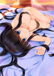 Rule 34 | 1girl, absurdres, aquaplus, bare legs, bare shoulders, barefoot, bed, bed sheet, black bra, black hair, blue eyes, blush, bra, braid, breasts, cleavage, cleavage cutout, closed mouth, clothing cutout, collarbone, covered erect nipples, curtains, feet, fingernails, full body, gradient eyes, gradient hair, highres, large breasts, light particles, light rays, lmoe, long hair, lying, multicolored eyes, multicolored hair, nose, on back, on side, pillow, raised eyebrows, shiny clothes, shiny skin, sidelocks, signature, sleeveless, smile, solo, sunlight, thighs, touma kazusa, underwear, underwear only, variations, very long hair, white album, white album (series), white album 2, window