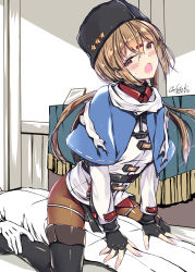 Rule 34 | 1boy, 1girl, :o, absurdres, admiral (kancolle), all fours, bad id, bad pixiv id, black footwear, black gloves, black headwear, blue capelet, blush, boots, brown eyes, brown hair, brown thighhighs, capelet, commentary request, fingerless gloves, fur hat, girl on top, gloves, half-closed eyes, hat, highres, implied sex, kantai collection, kobayashi chisato, long hair, long sleeves, looking at viewer, open mouth, pantyhose, papakha, shirt, signature, solo focus, star (symbol), sweat, tashkent (kancolle), tears, thigh boots, thighhighs, uniform, white gloves, white shirt