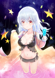 Rule 34 | 1girl, artist name, babydoll, blue drink, blush, breasts, champagne flute, cleavage, clothing cutout, clothing request, commentary request, cup, drinking glass, frown, highres, in water, kana ami, large breasts, light blush, medium hair, navel, night, night sky, open clothes, open robe, original, red eyes, ripples, robe, shoulder cutout, sky, solo, standing, star (sky), star (symbol), wading, white hair