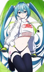 Rule 34 | 1girl, absurdres, belt, black gloves, black panties, black thighhighs, blue eyes, blue hair, commentary, gloves, goodsmile racing, green gloves, groin, hair intakes, hatsune miku, highres, light blush, long hair, long sleeves, looking at viewer, nanashnojo, navel, official alternate costume, panties, parted lips, race queen, racing miku, racing miku (2022), solo, stomach, sweatdrop, thigh belt, thigh strap, thighhighs, twintails, two-tone gloves, underwear, vocaloid, white shrug