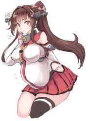 Rule 34 | 1girl, arm behind back, big belly, bloated, blush, breasts, brown eyes, brown hair, collar, hair intakes, hair petal, hand to own mouth, headgear, kantai collection, large breasts, long hair, looking at viewer, metal collar, pregnant, red skirt, simple background, single thighhigh, skirt, solo, thighhighs, utopia, vore, white background, yamato (kancolle)