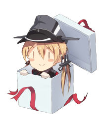 Rule 34 | 10s, 1girl, :&gt;, blonde hair, blush stickers, box, hat, highres, in box, in container, kantai collection, long hair, low twintails, metindone, peaked cap, prinz eugen (kancolle), solo, twintails, | |