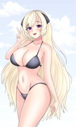 Rule 34 | 1girl, alternate costume, arm up, bare shoulders, bikini, black bikini, blonde hair, blue skirt, blush, breasts, cleavage, collarbone, commission, feet out of frame, g3 (girls&#039; frontline), girls&#039; frontline, hair ornament, hairclip, highres, kentumatsu, large breasts, long hair, looking at viewer, navel, open mouth, purple eyes, simple background, skirt, smile, solo, standing, swimsuit, thighs, v