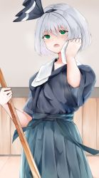 Rule 34 | 1girl, 258n, alternate costume, blue hakama, bokken, commentary, cowboy shot, green eyes, hair between eyes, hair ribbon, hakama, hakama skirt, holding, holding towel, holding weapon, indoors, japanese clothes, konpaku youmu, looking at viewer, open mouth, ribbon, short hair, silver hair, skirt, solo, standing, sweat, sword, touhou, towel, weapon, wiping face, wiping sweat, wooden floor, wooden sword, wooden wall