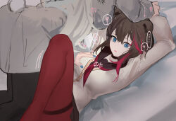 Rule 34 | 2girls, animal ears, ao oni (onioni-aoi), arknights, arm grab, arms up, bear ears, bear girl, bear tail, black pantyhose, blue eyes, blue nails, breasts, brown hair, cardigan, clothing cutout, dress, grabbing, grabbing another&#039;s breast, grey cardigan, grey dress, grey hair, highres, knees up, large breasts, long sleeves, looking down, lying, medium breasts, motion lines, multicolored hair, multiple girls, nail polish, neckerchief, on back, pantyhose, parted lips, red hair, red neckerchief, red pantyhose, rosa (arknights), school uniform, solo focus, streaked hair, tail, tail through clothes, thighband pantyhose, translation request, two-tone hair, yuri, zima (arknights)