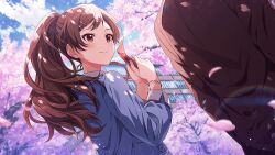 Rule 34 | 1girl, bracelet, brown eyes, brown hair, cherry blossoms, game cg, hair ornament, hairclip, idolmaster, idolmaster million live!, idolmaster million live! theater days, jewelry, kitazawa shiho, official art, ponytail