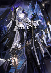 Rule 34 | 1girl, absurdres, arknights, arm at side, black dress, black gloves, breasts, bug, butterfly, candle, dress, frown, gloves, habit, hair over one eye, hand up, highres, hip vent, holding, holding lantern, indoors, insect, lantern, light purple hair, long hair, looking at viewer, medium breasts, mento, official alternate costume, purple butterfly, solo, stained glass, whisperain (arknights), whisperain (priory of abyss) (arknights)