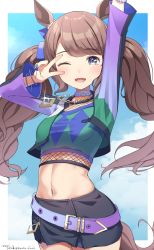 Rule 34 | 1girl, ;d, animal ears, arm up, bangle, belt, belt buckle, black skirt, blue collar, blue eyes, blue nails, blush, bracelet, breasts, brown hair, buckle, chain, collar, commentary request, crop top, day, fishnets, glint, green jacket, green shirt, hand up, highres, hirota fruit, horse ears, horse girl, horse tail, jacket, jewelry, long hair, long sleeves, midriff, multicolored nails, nail polish, navel, one eye closed, open clothes, open jacket, open mouth, purple belt, purple jacket, purple nails, shirt, skirt, small breasts, smile, solo, tail, tosen jordan (umamusume), twintails, umamusume, v over eye, very long hair, wide sleeves