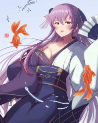 Rule 34 | 1girl, absurdres, blue eyes, blue kimono, blush, breasts, fate/extra, fate/extra ccc, fate/grand order, fate (series), fish, flower, goldfish, hair flower, hair ornament, hair ribbon, highres, iron samurai, japanese clothes, kimono, long hair, long sleeves, looking at viewer, meltryllis (fate), obi, off shoulder, open mouth, purple hair, ribbon, sash, sleeves past fingers, sleeves past wrists, small breasts, smile, solo, very long hair, wide sleeves
