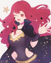 Rule 34 | 1girl, ;d, black cape, bodysuit, breasts, cape, choker, cleavage, clothing cutout, collarbone, covered navel, eyelashes, facial mark, fire emblem, fire emblem engage, floating hair, hair ornament, hand up, high collar, highres, large breasts, long hair, nintendo, one eye closed, open mouth, pink choker, pink hair, purple bodysuit, red eyes, sasaki (dkenpisss), side cutout, simple background, smile, solo, standing, star (symbol), star facial mark, star hair ornament, teeth, upper teeth only, white background, yunaka (fire emblem)